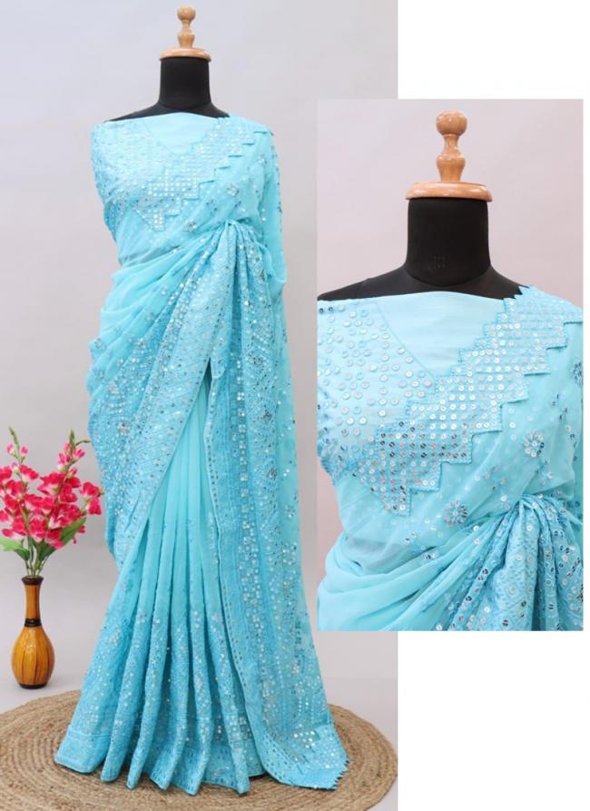 Georgette Sky Blue Party Wear Sequinned Saree